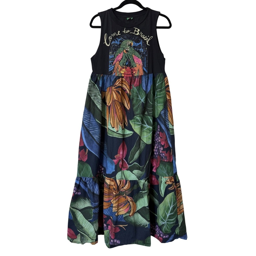 Farm Rio Come to Brasil Tropical Parrot Tiered Maxi Dress Black Size P US Small